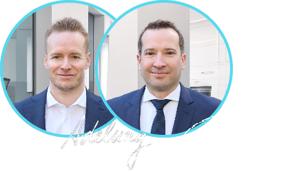 Porträtfotos der Rechtsanwälte Maximilian Adelung und Florian Friese mit ihren handschriftlichen Unterschriften