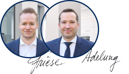 Porträtfotos der Rechtsanwälte Maximilian Adelung und Florian Friese mit ihren handschriftlichen Unterschriften