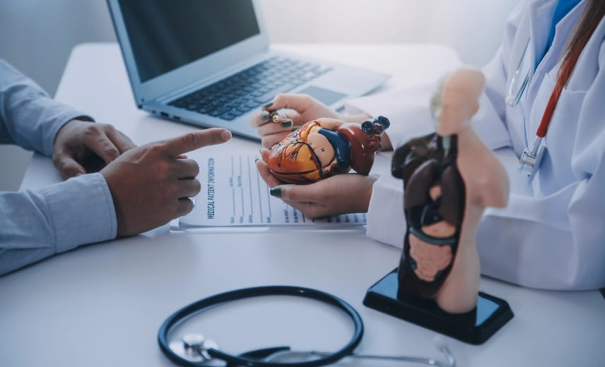 Arzt erklärt einem älteren Patienten anhand eines Herzmodells eine Herzerkrankung, Symbolbild Kardiologiefehler